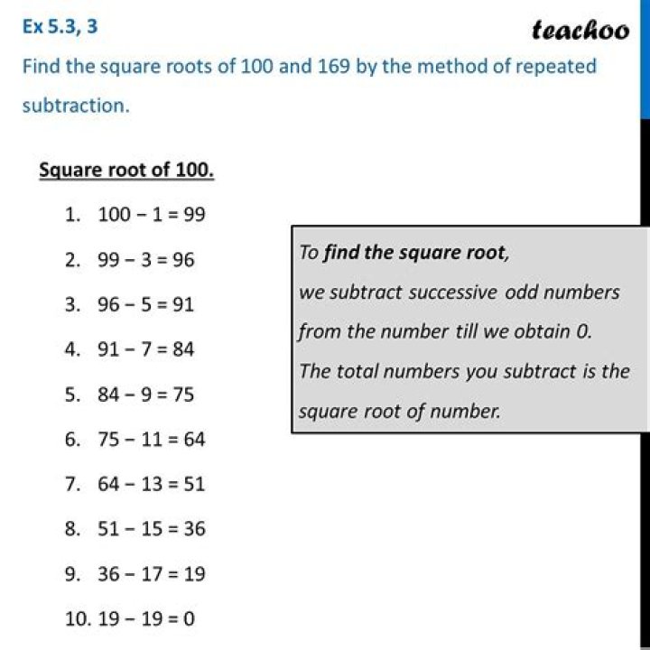 What is the square root of hundred find by the method of repeated subtraction?